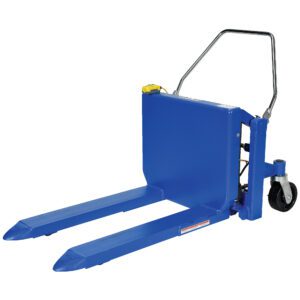 The Vestil Tilt Master Ac Power & 6000 Lb Cap, in a striking blue finish, features two prongs, a handle, and a rear wheel for effortlessly lifting and maneuvering up to 6000 lbs of heavy items on pallets.