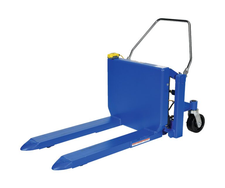 TM-60-AC_A.jpg The Vestil Tilt Master Ac Power & 6000 Lb Cap, in a striking blue finish, features two prongs, a handle, and a rear wheel for effortlessly lifting and maneuvering up to 6000 lbs of heavy items on pallets.