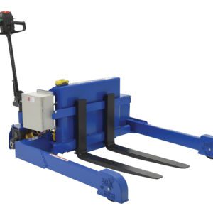 The Vestil Tilt Master Strad DC Power Traction 4000 features a sturdy DC power system with two prongs, a black handle, and a white control panel. Its compact blue rectangular casing includes a yellow button on top, combining industrial design with dependable 4000-pound traction.