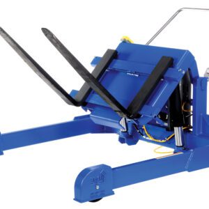 The Vestil Tilt Master Strad Ac Power & 6000 Lb Cap is a blue mechanical drum tilter with two long prongs, a handle, and wheels for mobility. It features an AC power tilting mechanism for precise control and is designed for rotating and handling large drums.