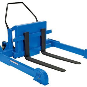 This image features the Vestil Tilt Master Strad Air/Oil Recipr, a blue manual hydraulic lift table with a black handle and two extending forks, designed for lifting up to 6000 lb. It boasts a sturdy frame and efficient hydraulic mechanism for smooth manual operation.