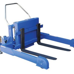 The Vestil Tilt Master Strad DC Power 6000 lb Cap is a compact manual pallet lifter with a silver handle and two black forks, featuring DC power. Its sturdy design is shown on a white backdrop, making it ideal for lifting pallets.