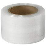 A roll of clear packing tape with a cylindrical cardboard core has a glossy surface similar to the MH-USA 3 x 80 Gauge x 1000 Bundling Stretch Wrap (18/Case), providing strength and a smooth, reflective finish perfect for secure packaging.