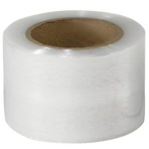 A roll of clear packing tape with a cylindrical cardboard core has a glossy surface similar to the MH-USA 3 x 80 Gauge x 1000 Bundling Stretch Wrap (18/Case), providing strength and a smooth, reflective finish perfect for secure packaging.