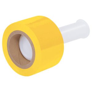 A roll of MH-USA 3 x 80 Gauge x 1000 Yellow Bundling Stretch Wrap, featuring a cardboard core and white plastic dispenser, is angled slightly on a plain white background.