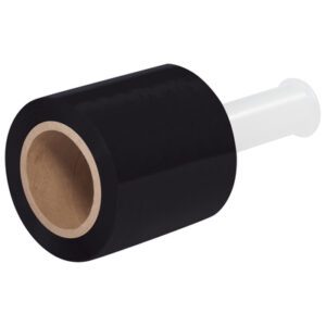 The MH-USA 5 x 80 Gauge x 1000 Black Bundling Stretch Wrap (12 Rolls/Case) has a roll with an extended white handle for easy grip, and is wound on a sturdy cardboard core for efficient application and secure bundling of goods.
