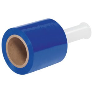 The MH-USA 5 x 80 Gauge x 1000 Blue Bundling Stretch Wrap, packed in cases of 12, features a blue plastic roll with a white handle for easy gripping and is tightly wound on a sturdy cardboard core against a plain white background.