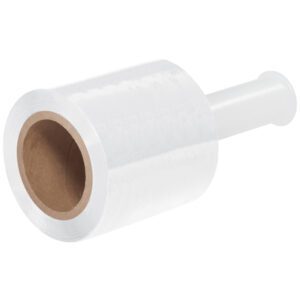 An MH-USA 5 x 80 Gauge x 1000 white bundling stretch wrap roll, partially unwound to show its translucent texture and brown cardboard core, is set against a plain white background.