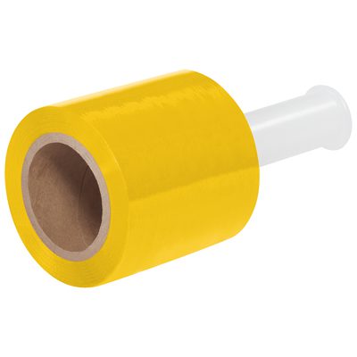 TNB305YELLOW.jpg The MH-USA 5 x 80 Gauge x 1000 yellow bundling stretch wrap, featuring a white handle for easy application and a visible brown cardboard core when unrolled, is available in a case of 12 rolls.