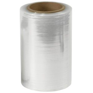 An unwound roll of MH-USA 7 1/2 x 80 Gauge x 1000 Bundling Stretch Wrap, from a set of four rolls per case, stands upright with its cardboard core visible. Its shiny surface reflects light beautifully.