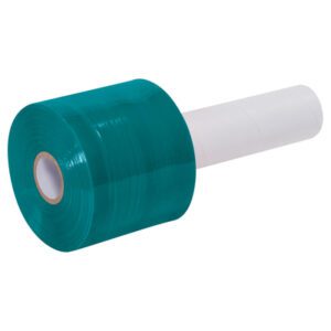 The MH-USA 3 x 80 Gauge x 1000 Green Extended Core Bundling Film offers teal wrap with a white cardboard handle, ideal for packaging or securing. Each case has 18 tightly wound rolls for efficient use.