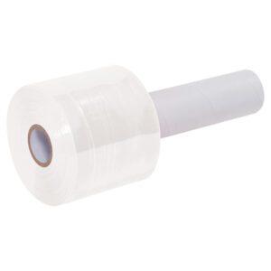 The MH-USA 3 x 80 Gauge x 1000 White Extended Core Bundling Film (18 Rolls/Case) includes a roll with a white handle for easy grip, ideal for securely bundling items with its transparent stretch wrap wound around a cardboard core.