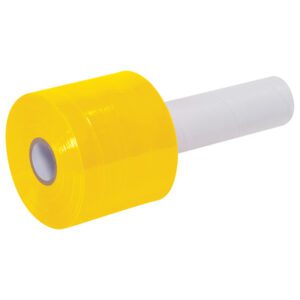 A roll of MH-USA 3 x 80 Gauge x 1000 Yellow Extended Core Bundling Film features a glossy yellow wrap with a white handle, providing functionality and visual appeal.