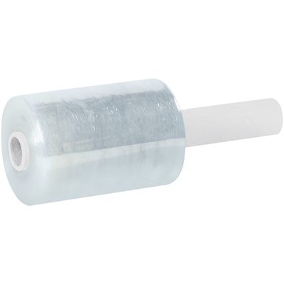 TNBEC305.jpg A roll of MH-USA 5 x 80 Gauge x 1000 Extended Core Bundling Film is displayed against a simple background, with the clear plastic stretch film wrapped around a white core, partially unrolled to show its smooth, shiny surface.