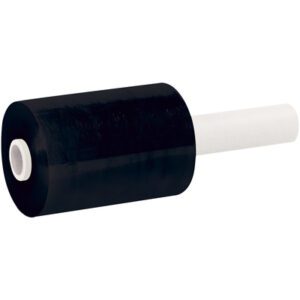 A horizontally positioned roll of MH-USA 5 x 80 Gauge x 1000 Black Extended Core Bundling Film shows the visible core on both ends, tightly wound for efficient bundling. Available in cases of 12 rolls.