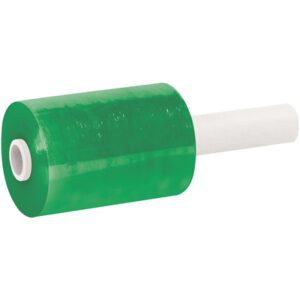 The MH-USA 5 x 80 Gauge x 1000 Green Extended Core Bundling Film, featuring a white cylindrical handle and partially transparent wrap, is ideal for efficient bundling. Sold as a case of 12 rolls.