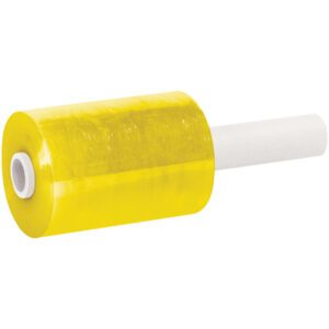 The MH-USA 5 x 80 Gauge x 1000 Yellow Extended Core Bundling Film (12 Rolls/Case) includes a roll with a cylindrical white handle for easy application.
