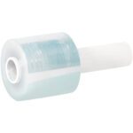 The MH-USA 3 x 100 Gauge x 650 Extended Core Bundling Film (18/Case) showcases a transparent plastic wrap with a white handle, partially unrolled to reveal its glossy texture, perfect for secure bundling and packaging.