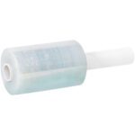 A roll of MH-USA 5 x 100 Gauge x 650 Extended Core Bundling Film (12/Case) with a white handle is elegantly positioned horizontally against a plain white background.