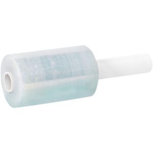 A roll of MH-USA 5 x 100 Gauge x 650 Extended Core Bundling Film (12/Case) with a white handle is elegantly positioned horizontally against a plain white background.