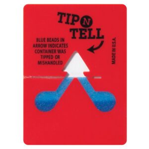 A red Tip-N-Tell® Indicator (100/Case) card with internal blue beads shows mishandling by an arrow. Text states, Blue beads in arrow indicates container was tipped or mishandled. Made in USA.