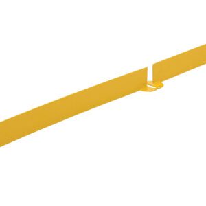 A long, yellow, angled metal bar with rounded ends and small mounting holes resembles the Vestil Square Safety Handrail-Toeboard Only 99.5 X 4. It features a slight curve and a break in the middle for versatile installation or support.