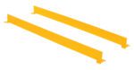 Two parallel, long, flat yellow metal bars with end brackets are set against a white background, echoing the Vestil Square Safety Handrail-Toeboard Only 111.5X 4 design.