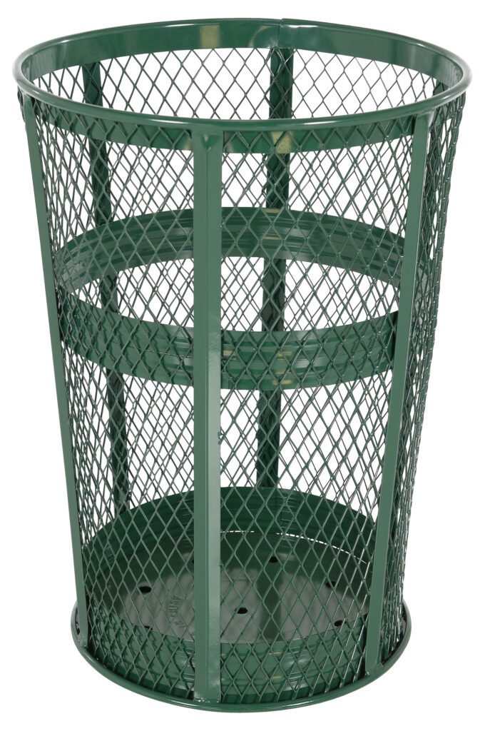 TR-MXR-48-GN_A.jpg The Vestil Trash Receptical Exp Metal Round 48 Gallon-Green has a durable green metal mesh design, featuring a circular opening, three horizontal rings for support, and a solid bottom that complements its open grid sides for enhanced functionality and style.
