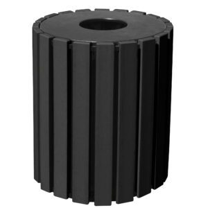 The Vestil Trash Receptical Poly Round 33 Gal-Black features a sleek cylindrical design with stylish vertical panels and a convenient circular opening at the top.