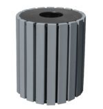 The Vestil Trash Receptacle Poly Round 33 Gal-Char boasts a stylish design with vertical gray slats around its cylindrical body, a black top, and a central circular opening for easy waste disposal.
