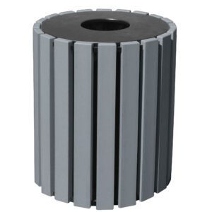 The Vestil Trash Receptacle Poly Round 33 Gal-Char boasts a stylish design with vertical gray slats around its cylindrical body, a black top, and a central circular opening for easy waste disposal.