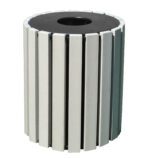 The Vestil Trash Receptical Poly Round 33 Gal-Sand integrates effortlessly into any setting with its cylindrical shape, vertical white slats, and black top featuring a central opening, providing a stylish yet practical solution for effective waste management.