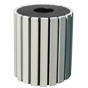 The Vestil Trash Receptical Poly Round 33 Gal-Sand integrates effortlessly into any setting with its cylindrical shape, vertical white slats, and black top featuring a central opening, providing a stylish yet practical solution for effective waste management.
