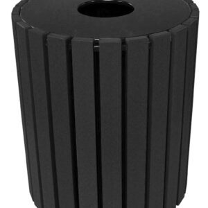 The Vestil Trash Receptacle Poly Round 49 Gal-Black boasts a sleek, modern design with its cylindrical shape, black finish, vertical ribbed panels, and a circular top opening, offering both style and functionality for any space.
