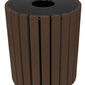 The Vestil Trash Receptacle Poly Round 49 Gal-Brown showcases a brown cylindrical design with vertical slats and a black circular top opening.