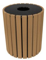 The Vestil Trash Receptical Poly Round 49 Gal-Cedar features a sleek cylindrical design with vertical cedar slats, a durable black top, and an open circular hole. It offers a 49-gallon capacity to meet all your disposal needs.