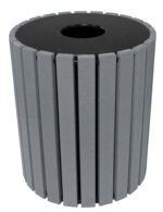 The Vestil Trash Receptical Poly Round 49 Gal-Char boasts a gray cylindrical design with vertical slats and a black circular lid, offering a 49-gallon waste capacity.