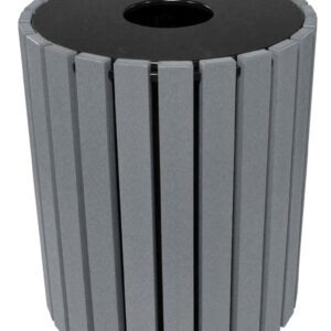 The Vestil Trash Receptical Poly Round 49 Gal-Char boasts a gray cylindrical design with vertical slats and a black circular lid, offering a 49-gallon waste capacity.