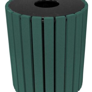 The Vestil Trash Receptical Poly Round 49 Gal-Green boasts a sleek cylindrical design with vertical ridges and a black circular lid featuring a central opening for easy disposal.