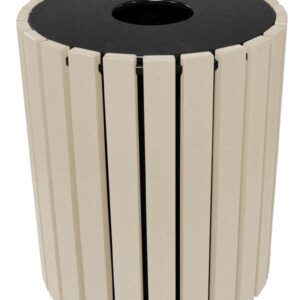 The Vestil Trash Receptical Poly Round 49 Gal-Sand boasts a modern cylindrical design with vertical beige wooden slats around a durable black plastic core, featuring a round top opening. Ideal for any setting, this 49-gal model provides a clean and contemporary look.