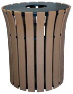 The Vestil Trash Receptacle Flared Poly Round 33 Gal-Cedar offers a blend of classic cedar aesthetics and modern utility with its cylindrical design, featuring flared slats and evenly spaced vertical wooden slats for style and function, along with a convenient top opening.