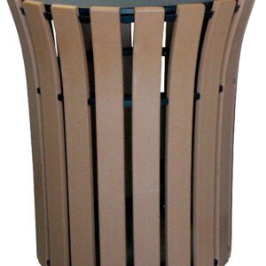 The Vestil Trash Receptacle Flared Poly Round 33 Gal-Cedar offers a blend of classic cedar aesthetics and modern utility with its cylindrical design, featuring flared slats and evenly spaced vertical wooden slats for style and function, along with a convenient top opening.