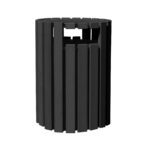 The Vestil Trash Receptacle Poly Rain Cap is a stylish 33-gallon black cylindrical bin featuring vertical slats and a rectangular top opening, blending seamlessly into any setting with practical elegance.