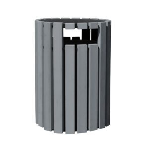 This modern outdoor trash can, with vertical gray slats and an open top, stylishly complements any area. Its compatible with the Vestil Trash Receptical Poly Rain Cap Round 33 Gal-Char for added neatness and rain resistance.