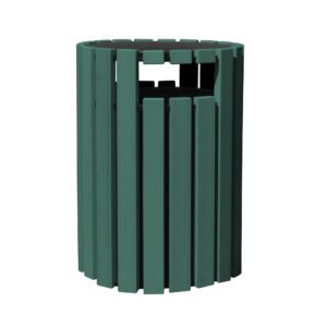 The Vestil Trash Receptical, featuring a poly rain cap, is a sleek and modern 33-gallon green cylinder with vertical slats and a rectangular opening, ideal for urban or park settings.