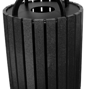 The Vestil Trash Receptacle Poly Rain Cap Round 49 Gal-Black boasts a sleek design with vertical slats, a circular lid supported by curved metal bars, and a poly rain cap to keep contents dry while offering small openings for easy waste disposal.