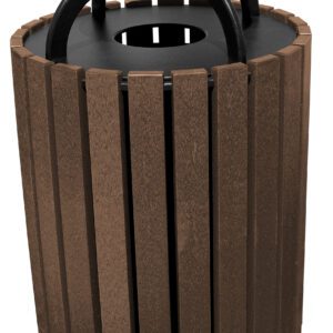 The Vestil Trash Receptical Poly Rain Cap Round 49 Gal-Brown has vertical wooden slats around a cylindrical body. It features a black circular lid with a central opening and two curved metal handles, providing style and function in any setting.