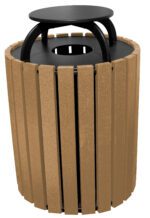 The Vestil Trash Receptacle Poly Rain Cap Round 49 Gal-Cedar combines a sleek modern design with a brown wooden slat exterior and poly rain cap top. Its black lid features a central circular opening for style and function, making it perfect for any setting.