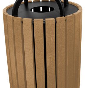 The Vestil Trash Receptacle Poly Rain Cap Round 49 Gal-Cedar combines a sleek modern design with a brown wooden slat exterior and poly rain cap top. Its black lid features a central circular opening for style and function, making it perfect for any setting.
