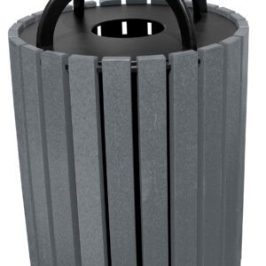 The Vestil Trash Receptacle Poly Rain Cap is a 49-gallon, round, gray container featuring vertical slats and a black metal lid with a cut-out hole. Its sturdy, modern design suits public spaces, and the poly rain cap ensures weather resistance.